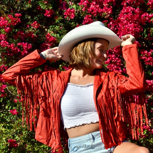 Red Suede Western Fringe Jacket, Nashville Country Concert Outfit - Picture 9 of 12